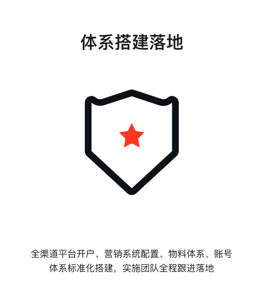 流程二 体系搭建落地：全渠道平台开户、营销系统配置、物料体系、账号体系标准化搭建，实施团队全程跟进落地