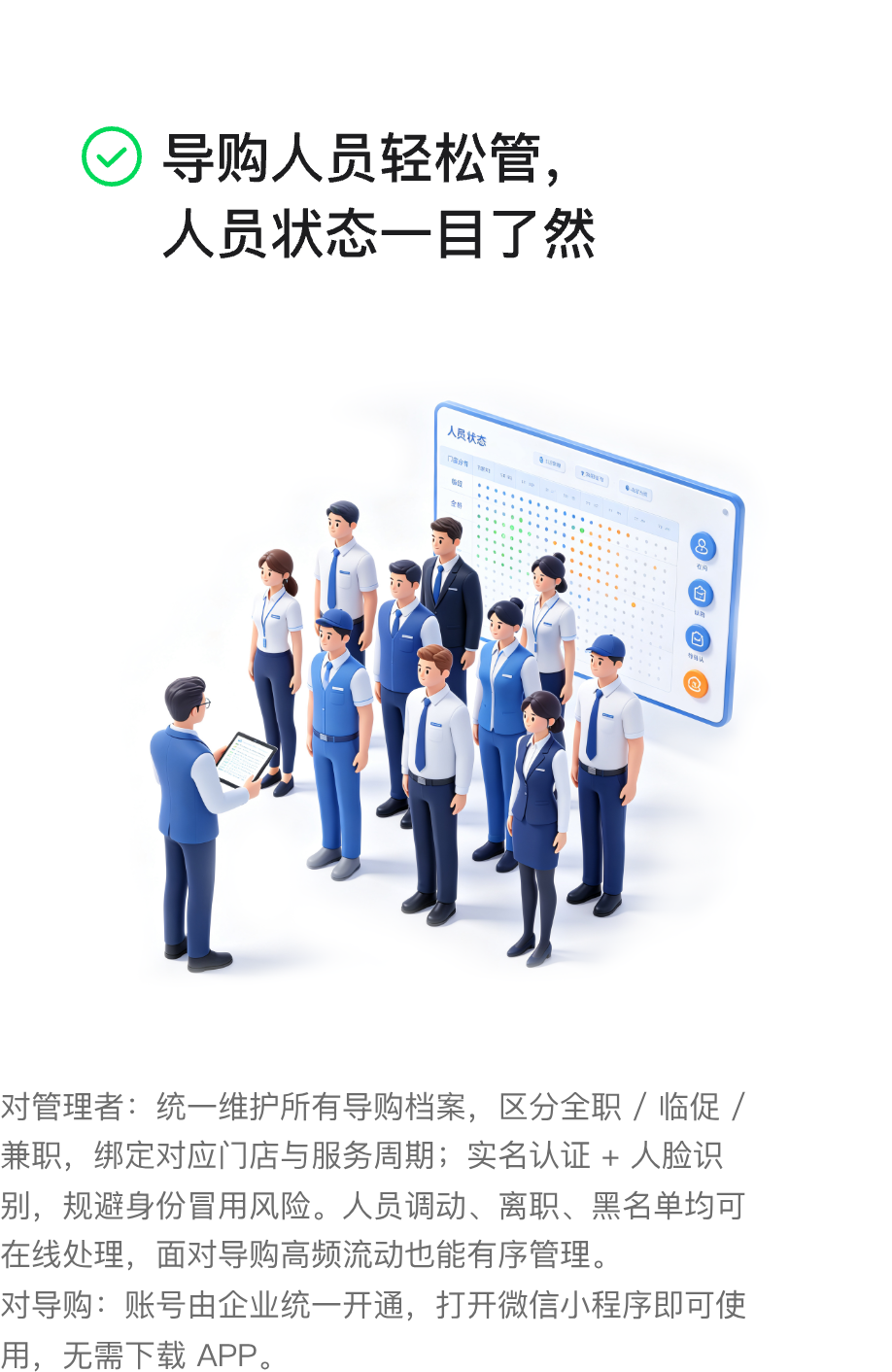 导购人员轻松管，人员状态一目了然