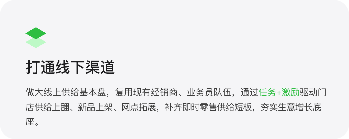 打通线下渠道：做大线上供给基本盘，复用现有经销商、业务员队伍，通过任务＋激励驱动门店供给上翻、新品上架、网点拓展，补齐即时零售供给短板，夯实生意增长底座
