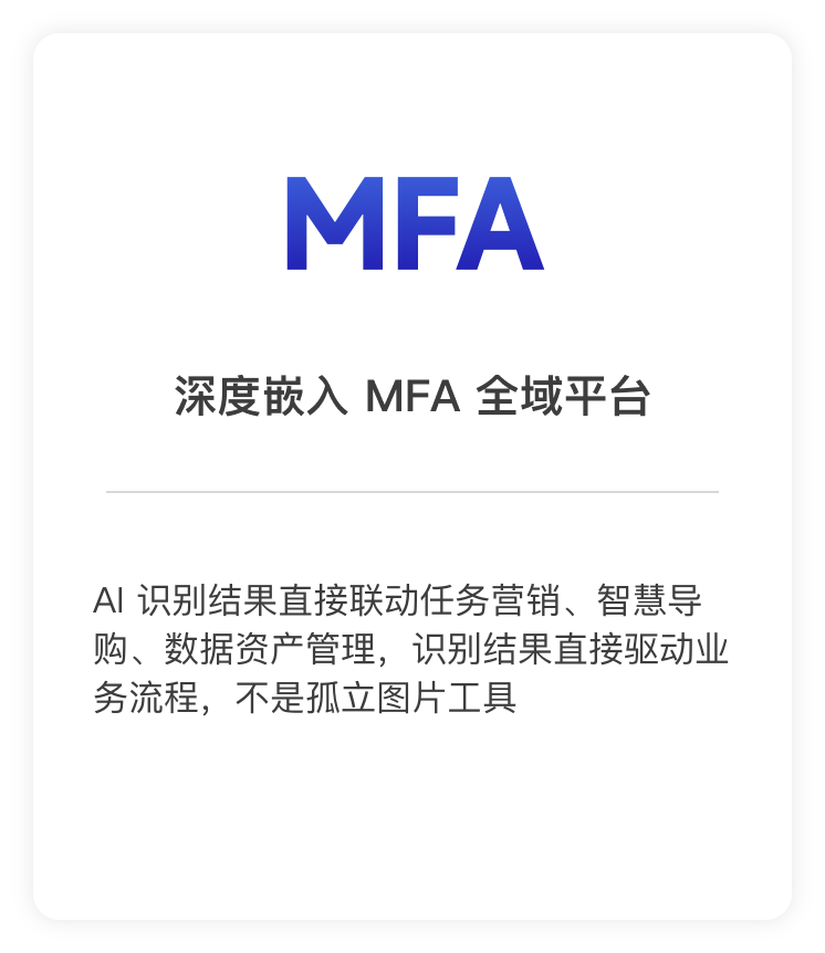 深度嵌入 MFA 全域平台：AI 识别结果直接联动任务营销、智慧导购、数据资产管理，不是孤立图片工具