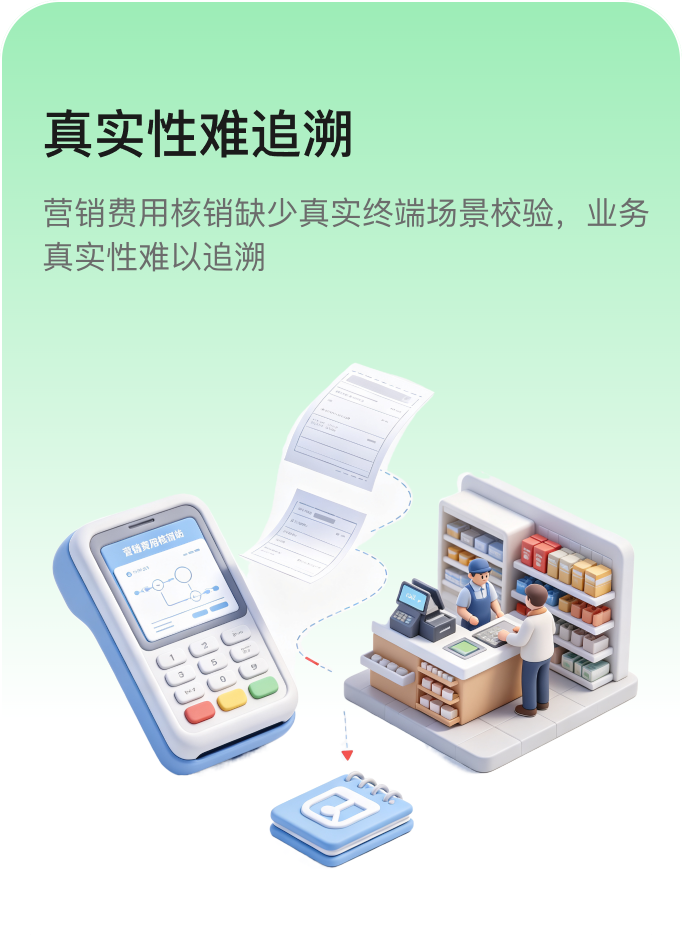 真实性难追溯：营销费用核销缺少真实终端场景校验，业务真实性难以追溯