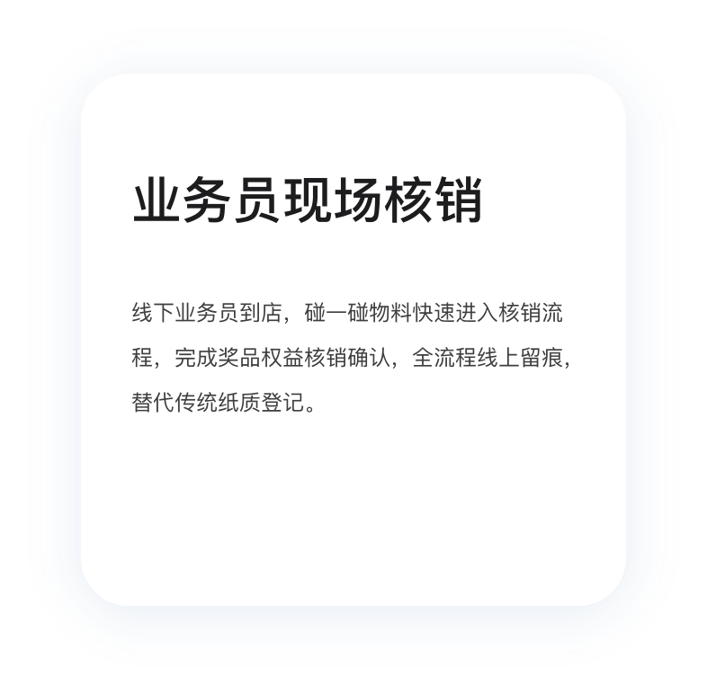 业务员现场核销：线下业务员到店，逐一物料快速进行核销验证，完成奖品权益核销确认，全程线上留痕，替代传统纸质登记