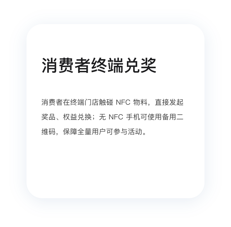 消费者终端兑奖：消费者在终端门店触碰 NFC 物料，直接发起奖品、权益兑换；无 NFC 手机可用备用二维码，保障全员用户可参与活动