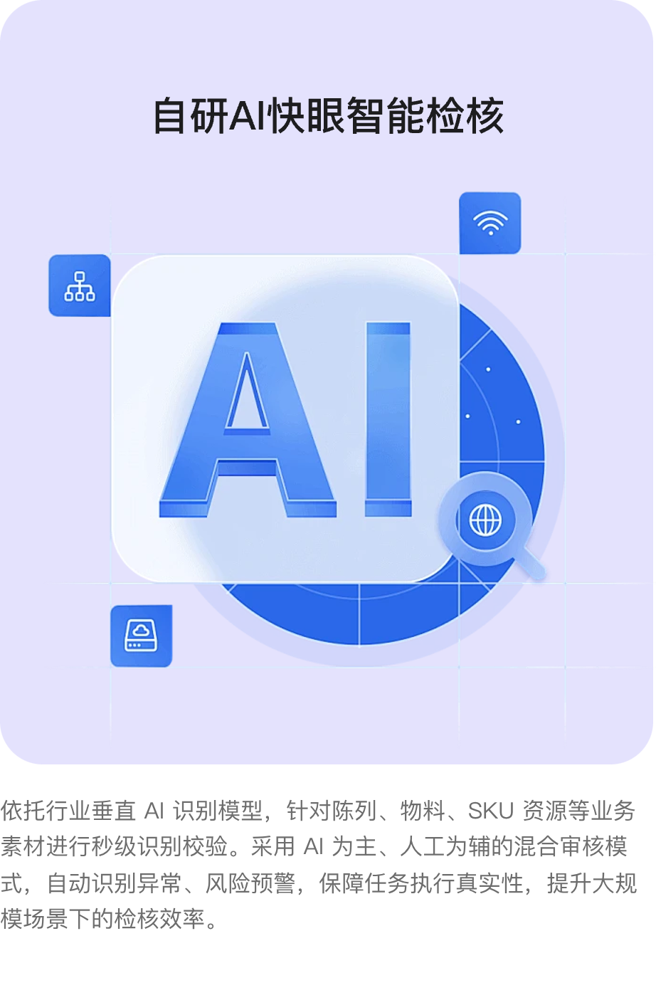 自研AI快眼智能检核:依托行业垂直 AI 识别模型,针对陈列、物料、SKU 资源等业务素材进行秒级识别校验