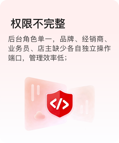 权限不完整:后台角色单一,品牌、经销商、业务员、店主缺少各自独立操作端口,管理效率低